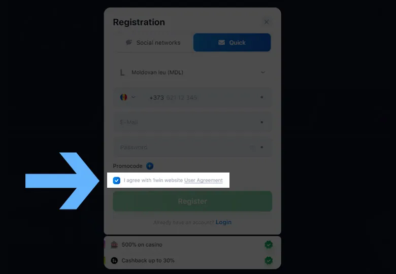 qeydiyyat 1win Moldova addım 3